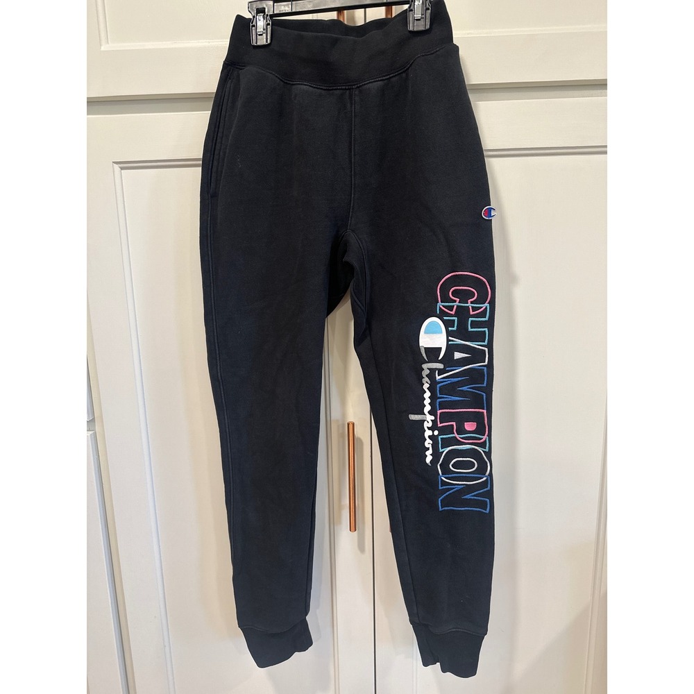 Champion Reverse Weave Black Joggers Multi-Color Logo Sweatpants Mens Small y2k